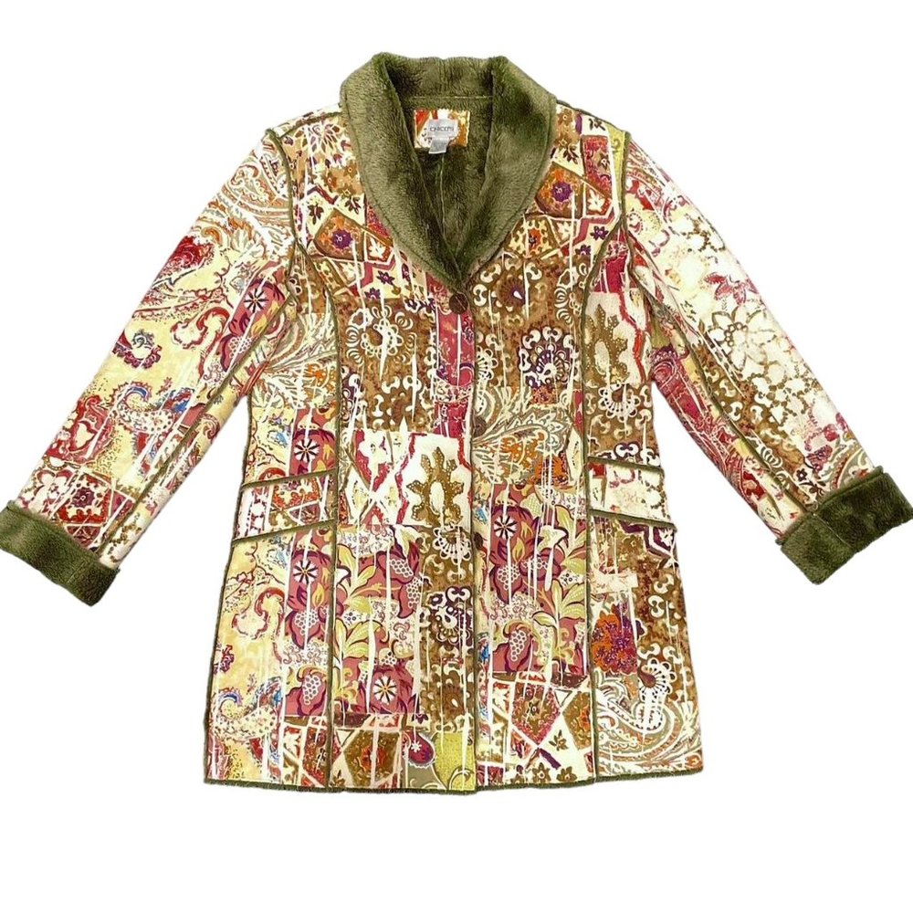 CHICO'S Sage Green Paisley Faux Shearling Suede Jacket Coat Sz 1 Medium 8 10